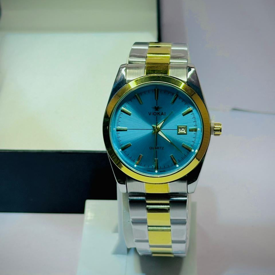 VIOKAI Two-Tone Stainless Steel Quartz Watch – Ice Blue Dial